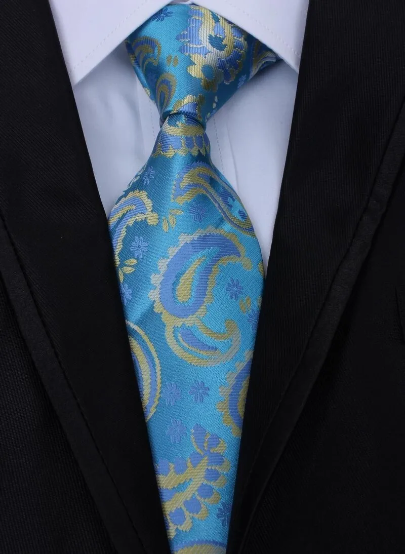 Nueva Corbata de Seda Clásica para Hombre, Diseño Paisley Azul y Amarillo, Tejida en Jacquard, Hecha a Mano