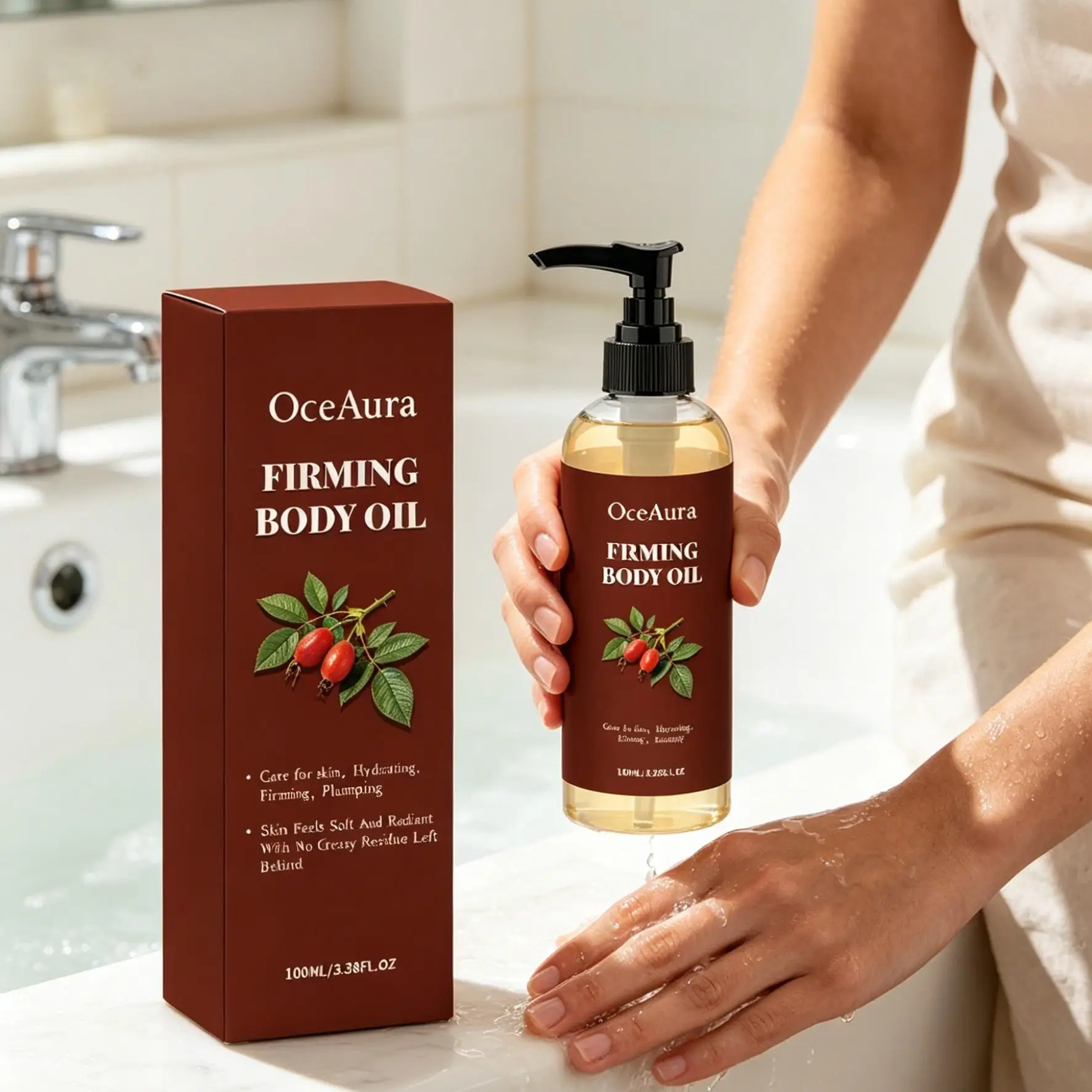 OceAura Firming Body Oil Glow Skin Plumping Deep Hydration Increase Radiance Non-greasy Rose Hip Oil Moisturizing Body Oil 100ml