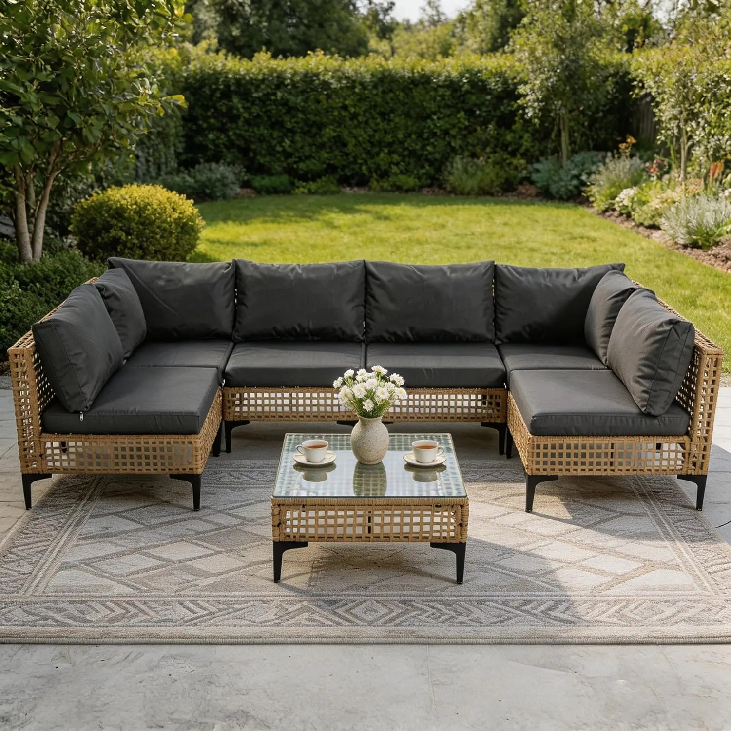 

7 pcs All Weather Wattan Sectional Conversation Set w Water Resistant Cushions Coffee Table Patio Lawn Garden, Customized
