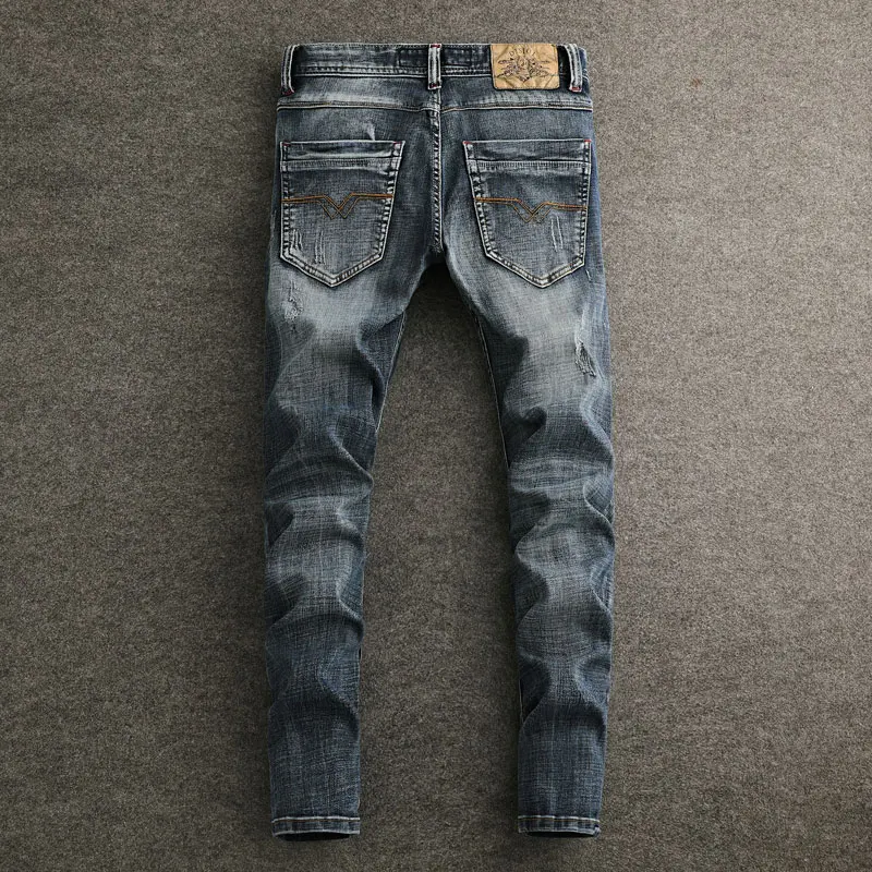 Designer Fashion Men Jeans Retro Washed Blue Stretch Slim Fit Ripped Jeans Men High Quality Vintage Y2K Denim Pants Hombre