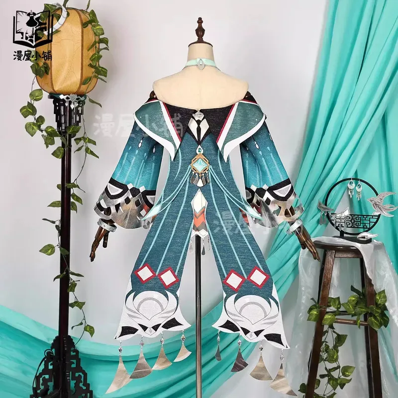 Genshin Impact Lan Yan 코스프레 의상 가발 드레스 머리 장식 귀걸이 머리 장식 여성 남성 할로윈 카니발 역할 놀이 신발 소품