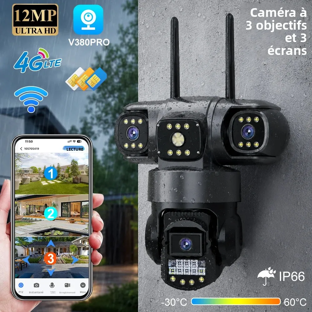 Caméra extérieure étanche V380 Pro 4G avec carte SIM, 12MP, trois objectifs, vision nocturne, surveillance PTZ, WiFi, CCTV, caméra IP WiFi domestique