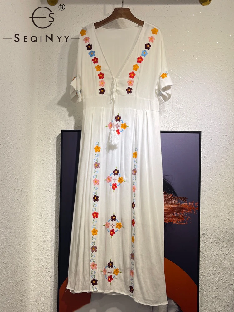 

SEQINYY Blending Cotton Dress Summer Spring New Fashion Design Women Runway High Street Embroidery Flowers Bohemian Casual