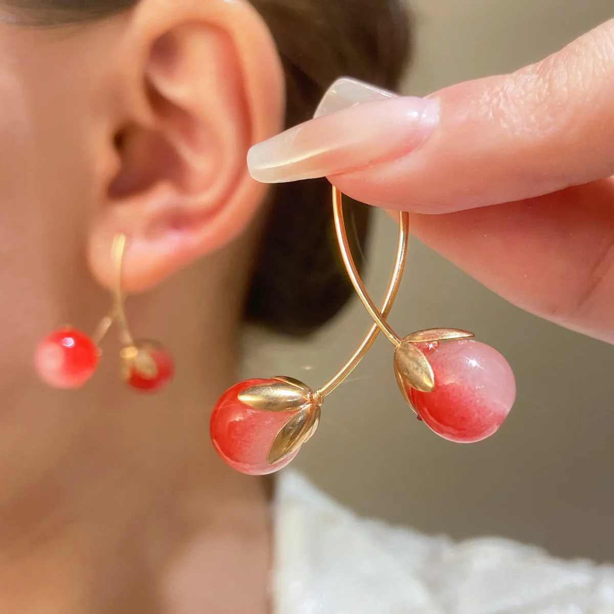 Pink Red Sweet Cherry Dangle Earrings for Women 2024 Trendy Advanced Front Back Hanging Long Earring Fashion Jewelry Luxury Gift