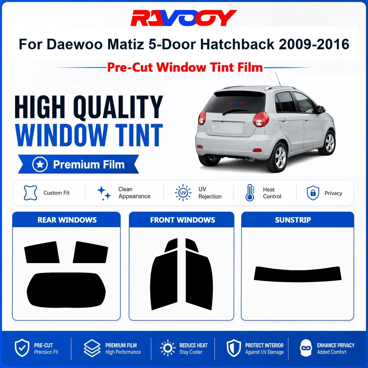 Premium Pre-Cut Window Tint For Daewoo Matiz 5-Door Hatchback 2009-2016 Front & Rear Windows UV Heat Rejection Privacy Film