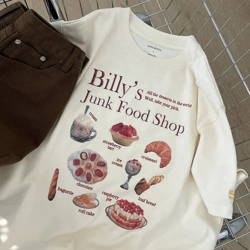 بلوزة نسائية بأكمام قصيرة مع مشمش حليب مطبوع ريترو فضفاضة وفريدة من نوعها على الطراز الكوري نصف كم من القطن الخالص برقبة دائرية