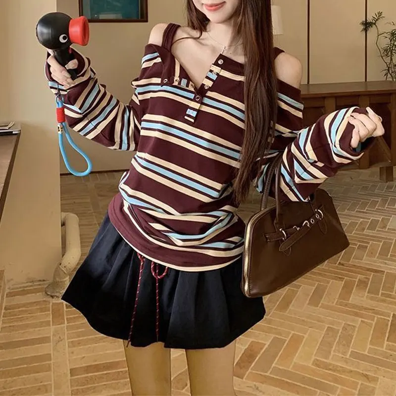 Women Striped Off Shoulder Long Sleeve T-shirts Halter Strap Button Slash Neck Tops Autumn Casual Loose Contrast Basic Pullovers