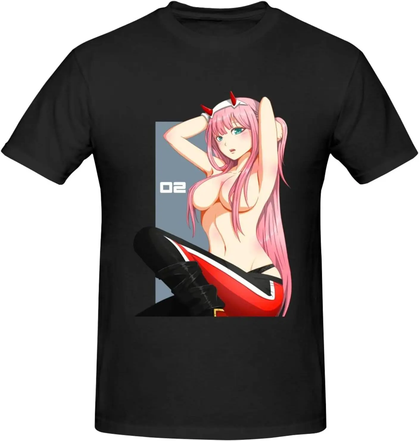 

Darling in The Anime FranXX Zero Two Men's T-Shirts Cotton Short Sleeve Crew Neck Fashion Graphic Print Tees Black