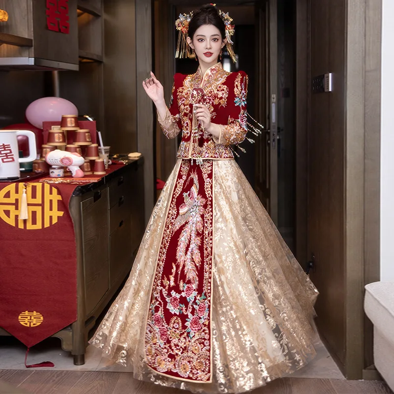 

Yourqipao Китайская свадебная одежда Xiuhe для невесты, новинка 2025, маленькое платье с драконом и фениксом, свадебное платье, платья больших размеров