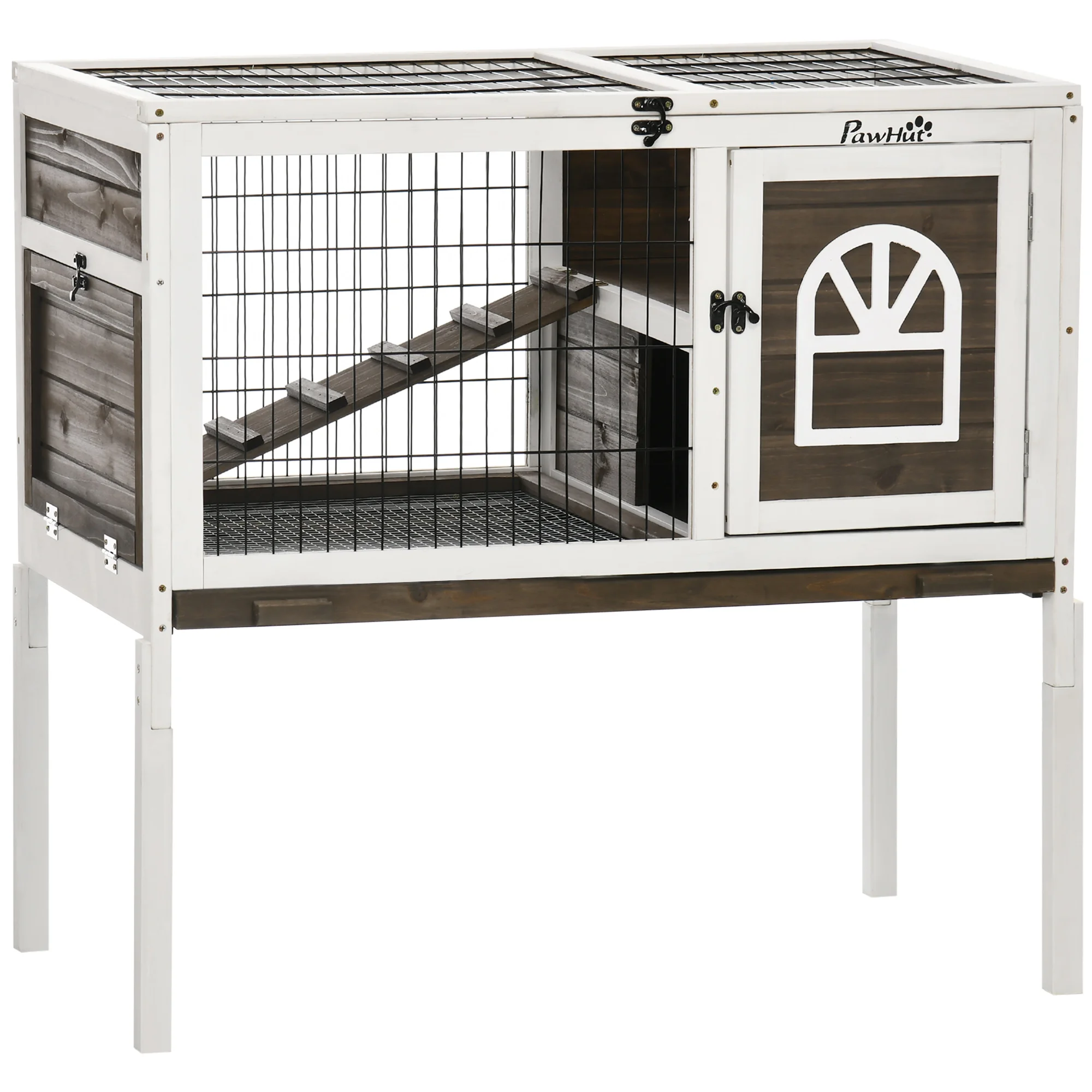 

Wooden Rabbit Hutch Easy Get in Out Construction Sturdy with Ladder Lockable Door Demountable Tray Indoor Outdoor Pet House