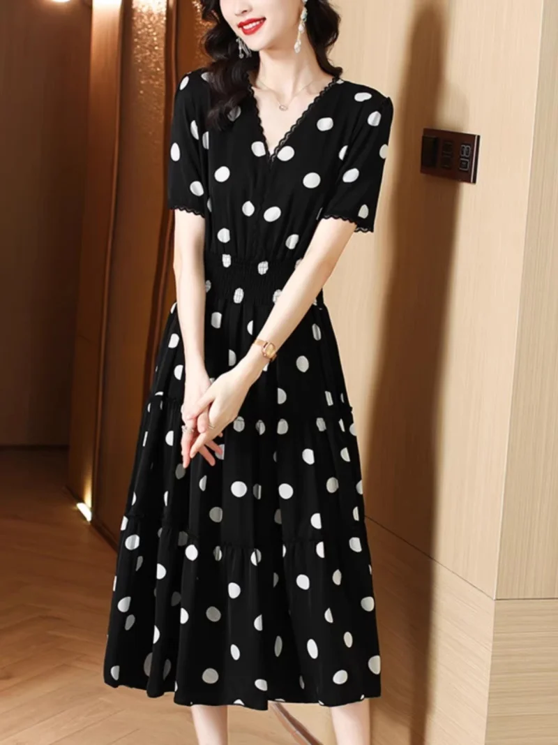 

Шифоновое платье во французском стиле для женщин, Новое поступление 2026 года — летнее тонкое платье в горошек в стиле ретро, элегантная офисная и повседневная одежда w2023