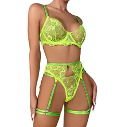 Sexy Hot Erotic Lingerie Set Fluorescent Green Underwear Suit Women Three Piece Set with Steel Ring Female Solid Lace Intimates