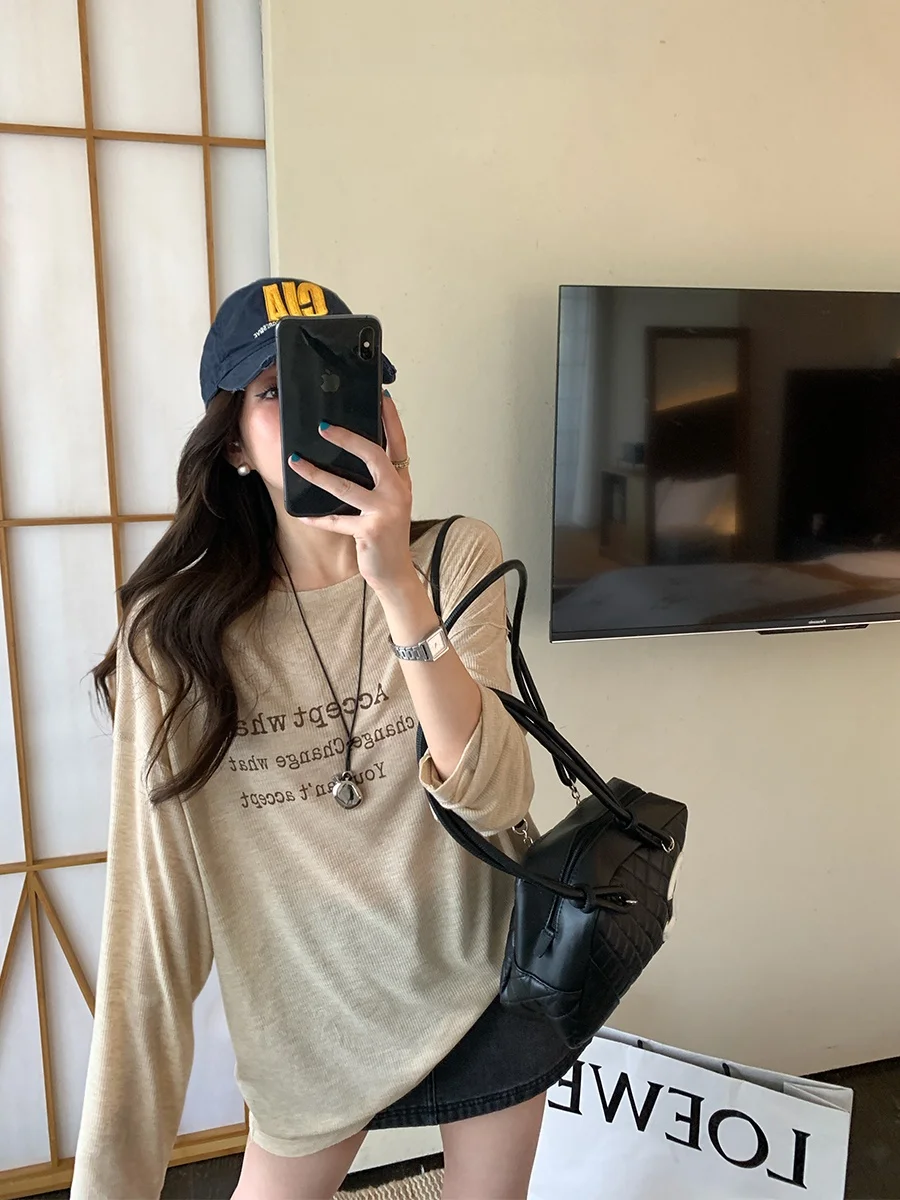 

Женская футболка MUKOK с длинным рукавом и буквенным принтом, новая коллекция весна-лето, простой универсальный топ для похудения