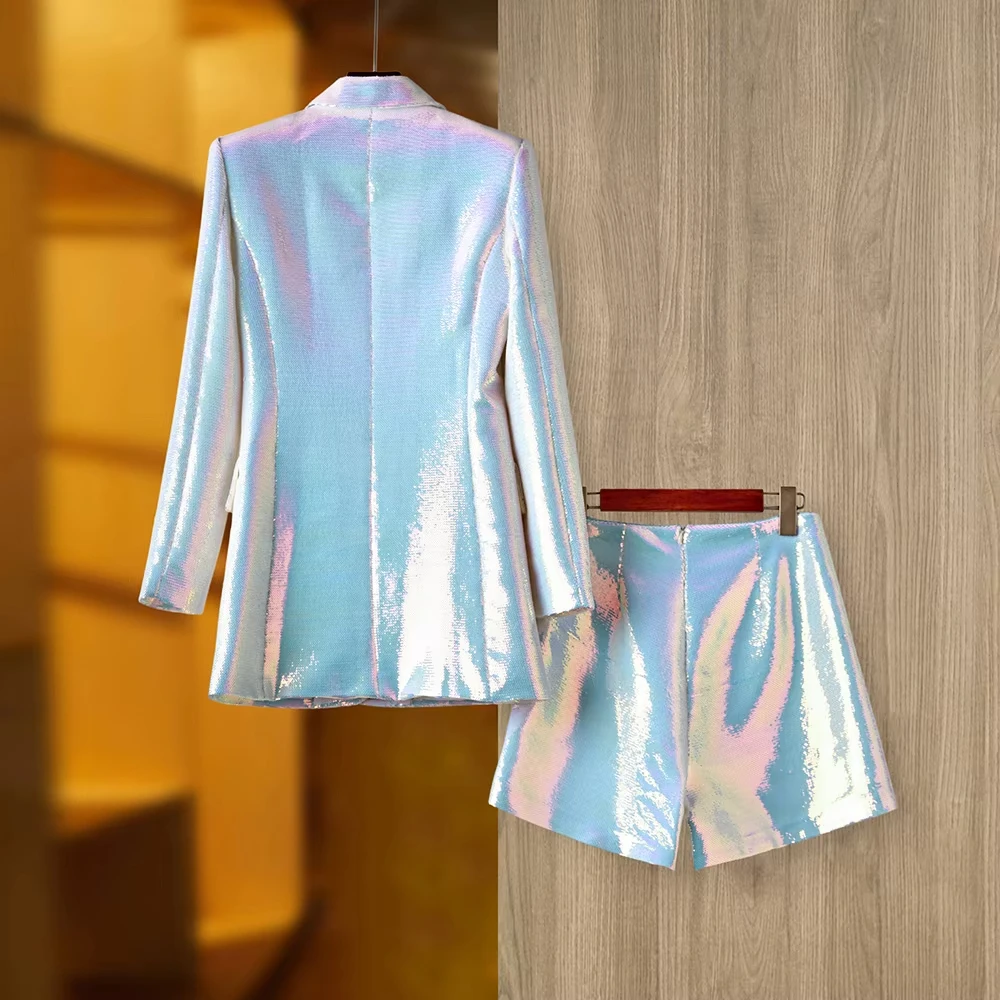 Party Evening Design Shining Bling 2PCS White Blazer Shorts Suits Euopean American Style Sequins Twin Sets High Quality