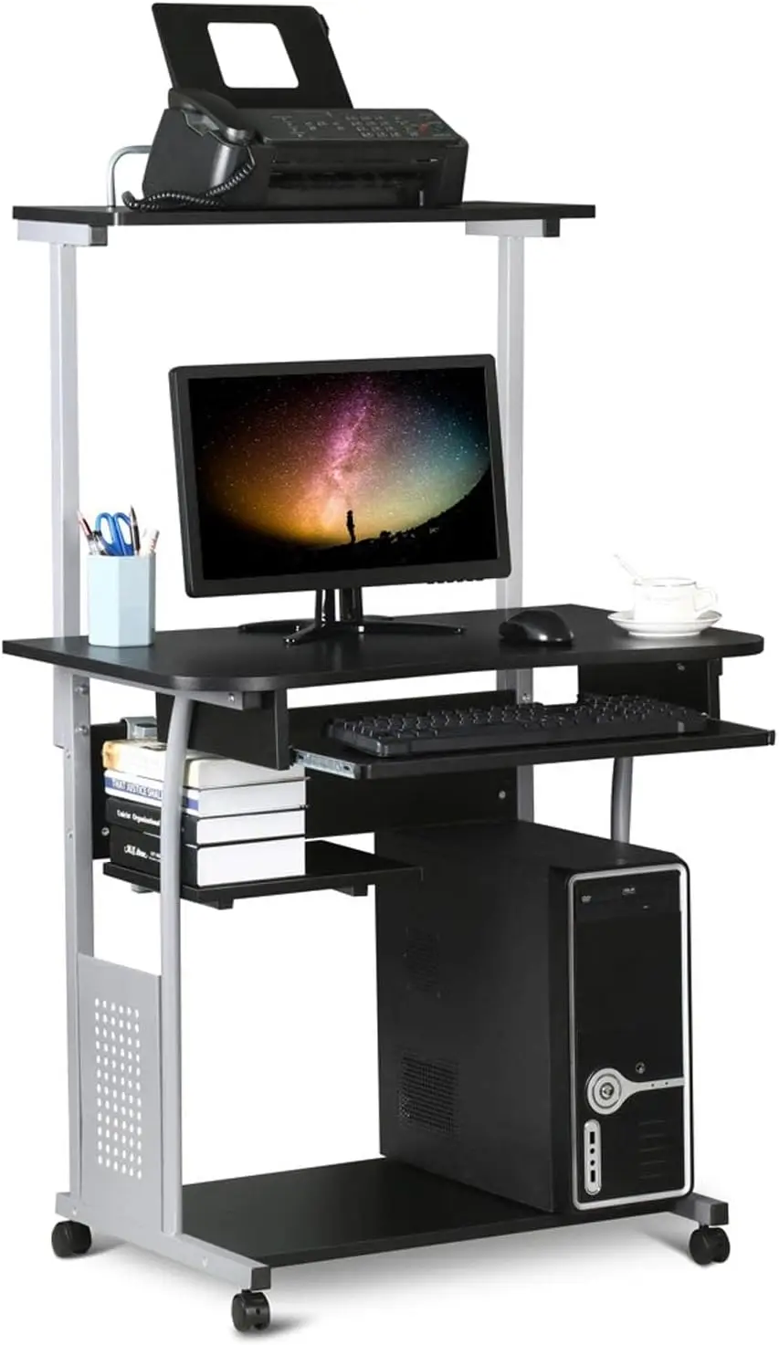 3 Tiers Mobile Computer Desk with Printer Shelf & Keyboard Tray Rolling Computer Desk for Small Spaces, Study Desk with Wheels