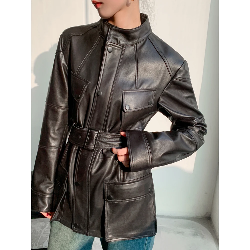 2024 new leather jacket women\'s stand-up collar pocket skinny waist cotton suede jacket