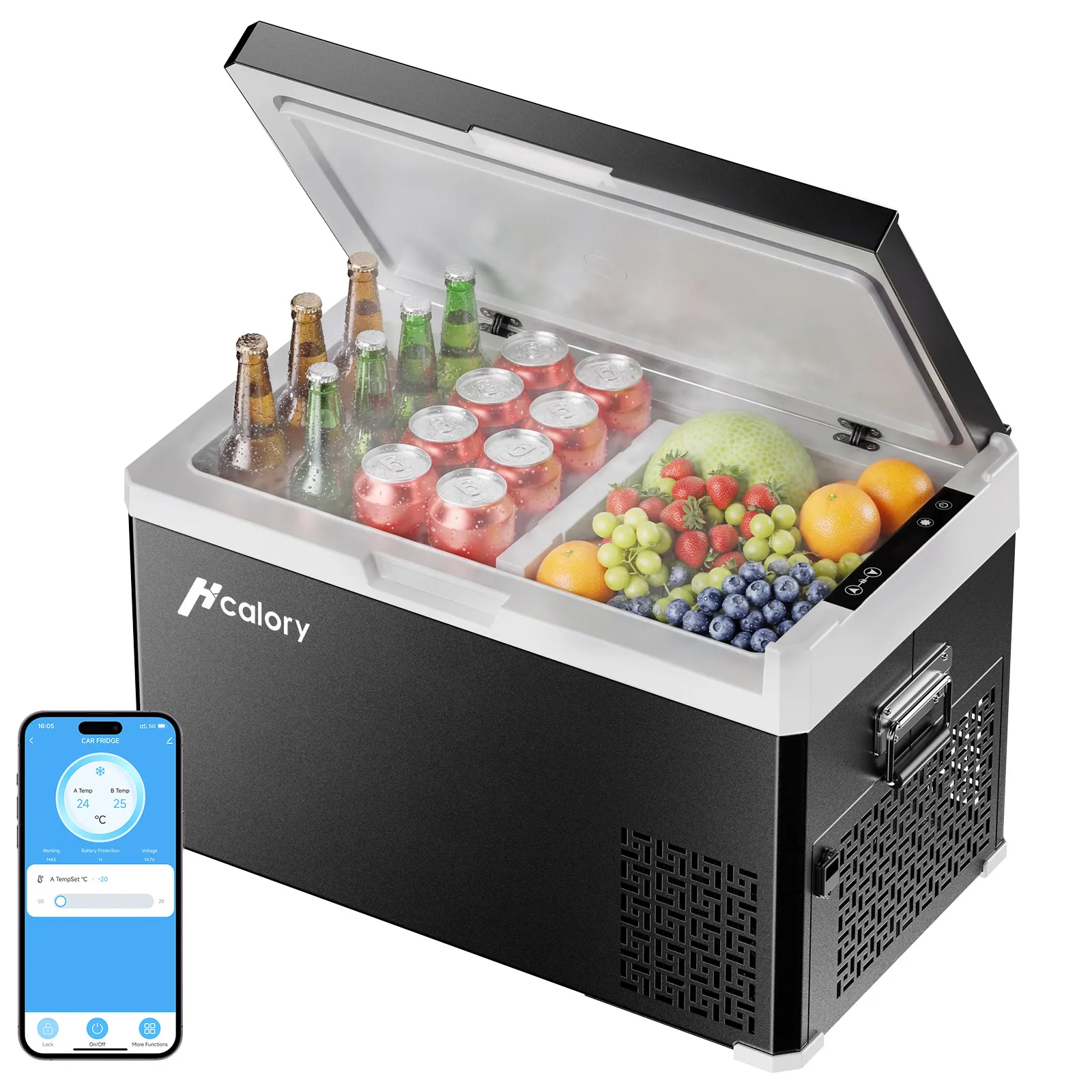 Hcalory D+ Dual-Zone Auto-Kühlschrank 30L 40L 50L Kompressor-Kühlbox mit Bluetooth-App-Steuerung DC12V/24V AC 220V Kühlschrank für Auto LKW Boot Camping