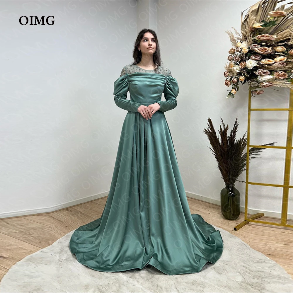 

Зеленое Длинное атласное платье OIMG с кристаллами, вечерние платья с длинными рукавами, блестящие бусины, вечерние платья на заказ, платье для ночного клуба