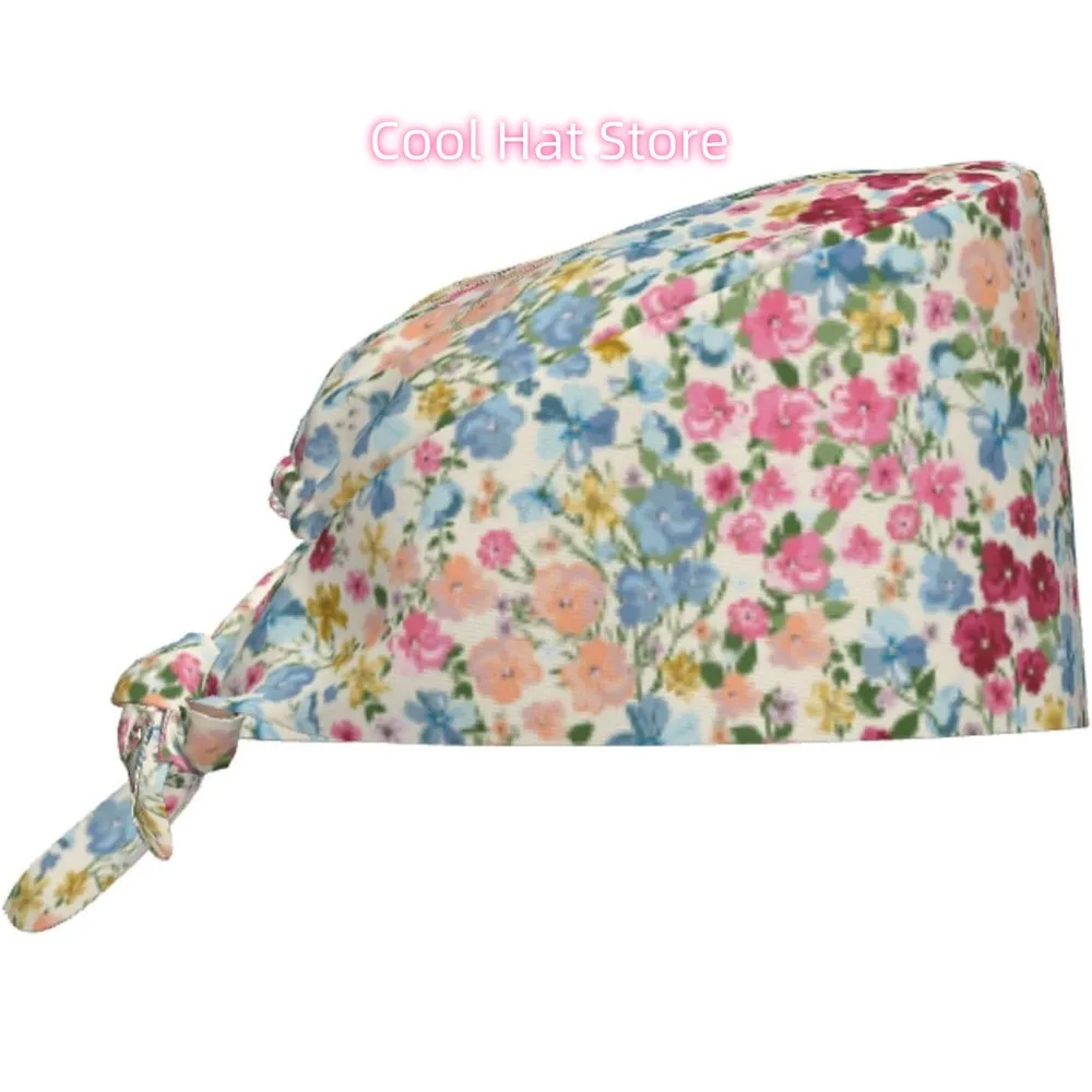 1pc Adjustable Scrub Cap with Sweatband - Lightweight 100%, Breathable & Hygienic Watercolor French-style floral pattern