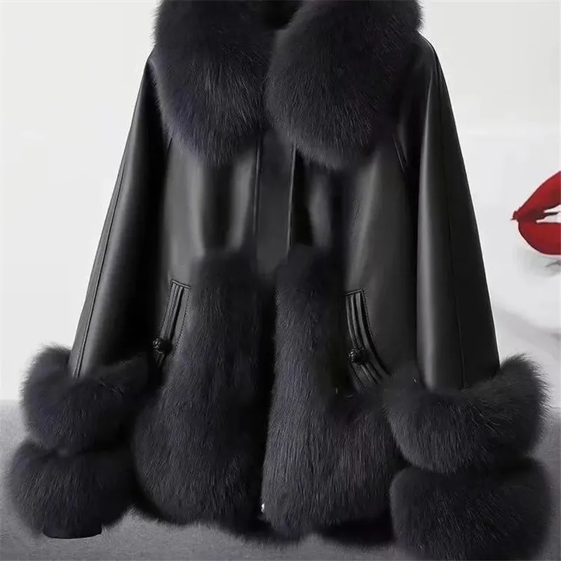 Jackets and Coats Fox Fur Collar Coat Winter Fur Coat Women Clothes High Quality Overcoat Thicken Warm Pu Leather Jacket Female