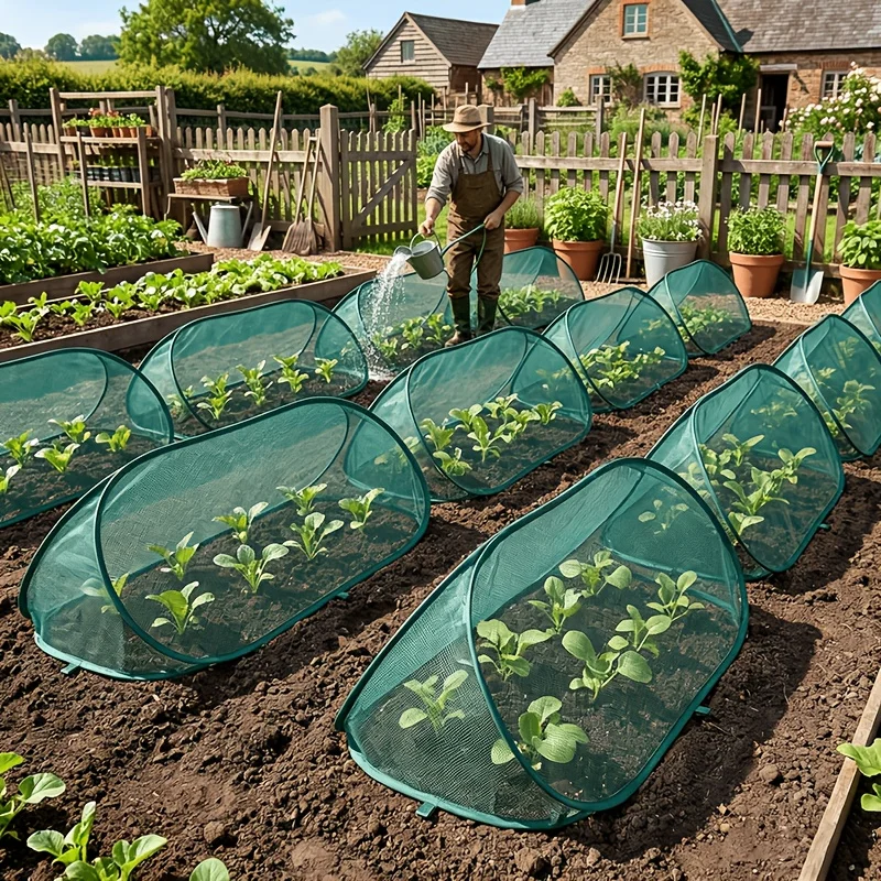 9Pcs Pop Up Plant Protector Cover Kit With 1 Plant Guard Cover 8 Ground Stakes Bird Insect Proof Net For Vegetable Fruit Flower