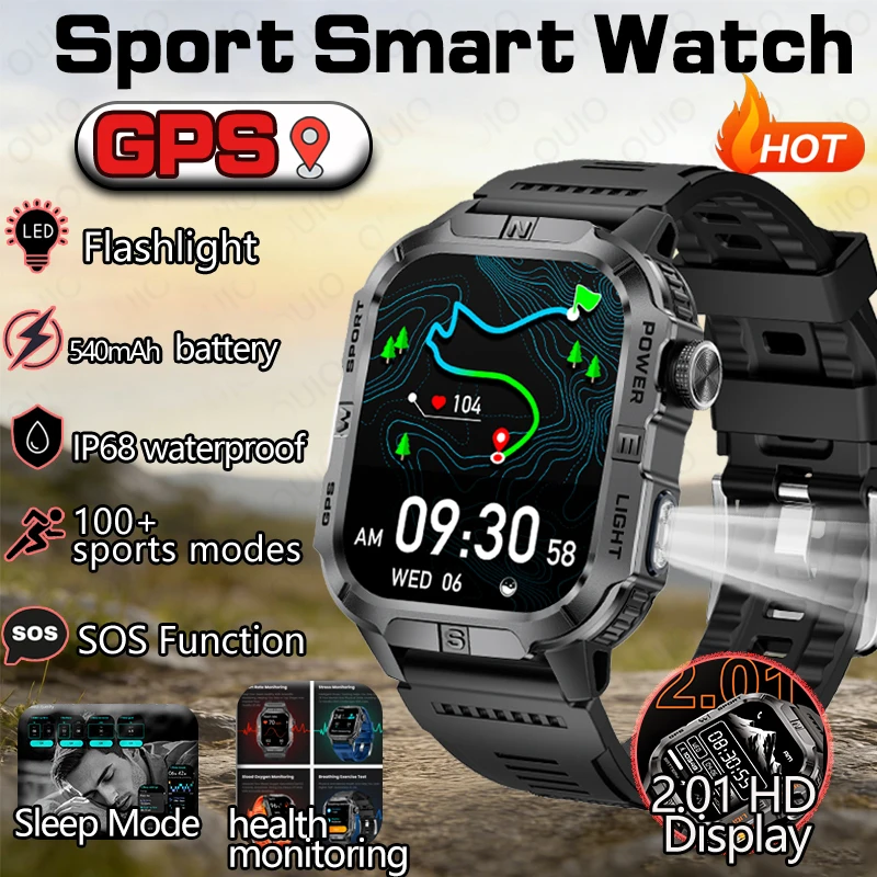 

2026 New Sports Smart Watch GPS 100+Sports Modes 2.01-inch HD Display Health Monitoring SOS Function IP68 Waterproof Smart Watch