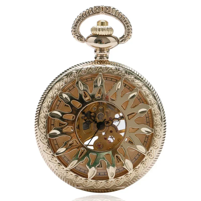 Luxury Golden Hollow Flower Case Roman Number Dial Men Women Skeleton Manual Mechanical Pocket Watch with FOB Pendant Chain