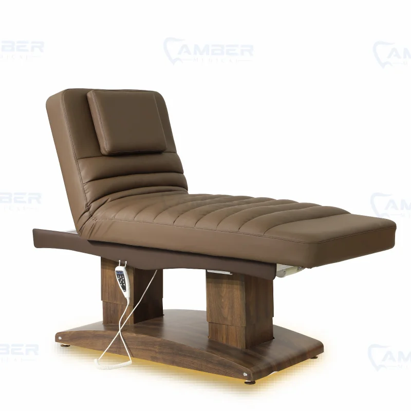 أثاث الصالون، سرير تدليك كهربائي قابل للتعديل، قاعدة خشبية بنية، سرير تجميل الوجه لصالون تجميل الوجه
