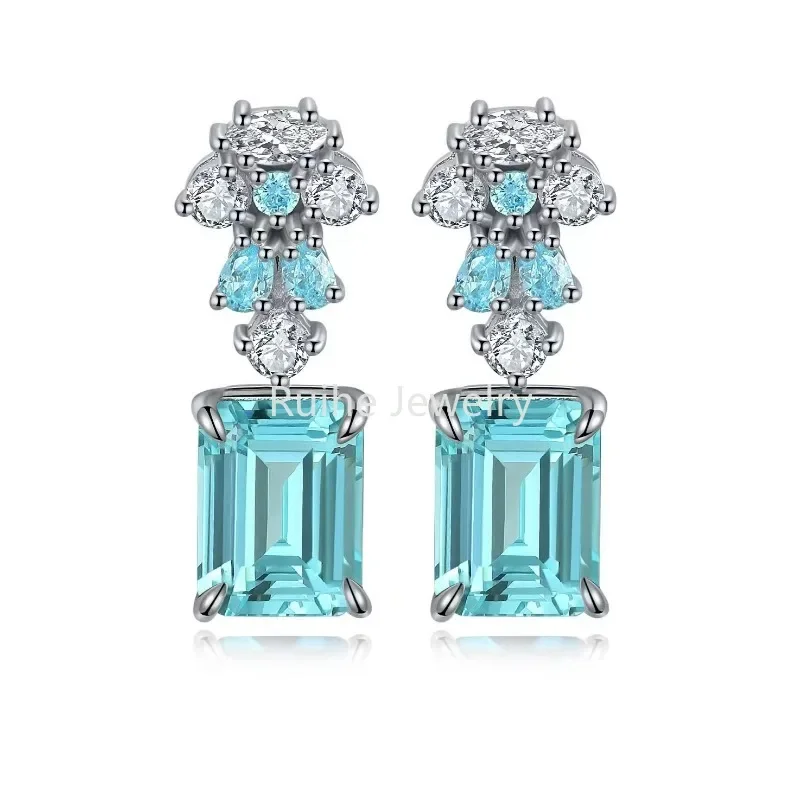 Ruihe New Classic Style Emerald Cut Lab Grown Gemstone Paraiba 925 Silver Earrings Women Jewelry Ladies Party Gift