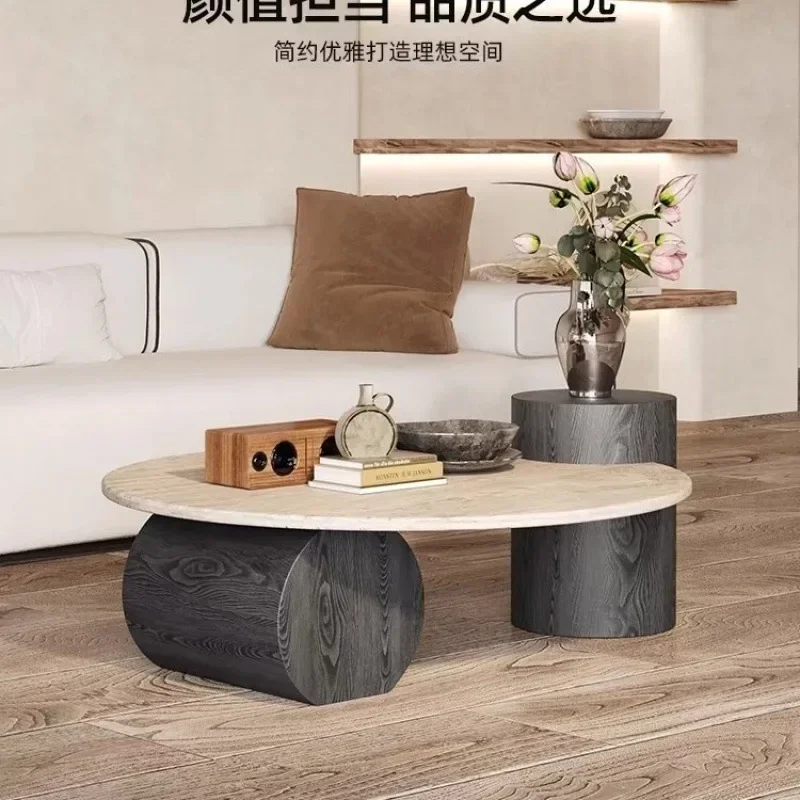 D12-wabi-sabi wind round lig luxury natural travertine coffee table household small apartment small round tea table living