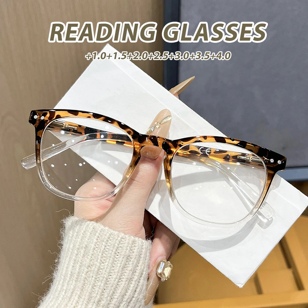 Oyalie Leopardenmuster Farbverlauf Mode Lesebrille mit Leopardenstruktur Hauptrahmen, Farbverlauf transparente Bügel, stilvoll und vielseitig, geeignet für den täglichen Gebrauch, klare Sicht, passt