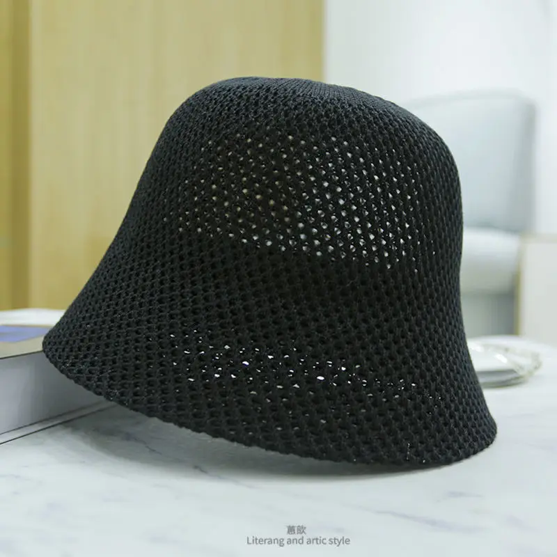 MAXSITI U Summer Hollow Breathable Knitted Bucket Hat for Women Thin Fisherman Hat Sun Sunshade Basin Hat black hat