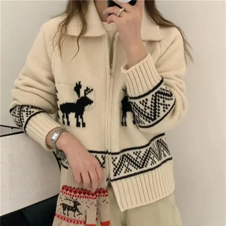 Hsa Vintage Argyle Oversize Christmas Sweater Cardigans Women Harajuku Sweet Deer Thick Y2k Tops Autumn Winter Clothes