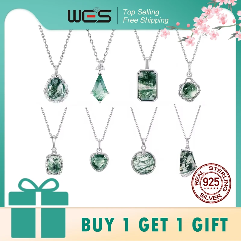 

WES 100% 925 Silver Natural Unique Moss Agate Pendant Necklace for Woman Forest Jewelry Engagement Gift Boho Style Wholesale
