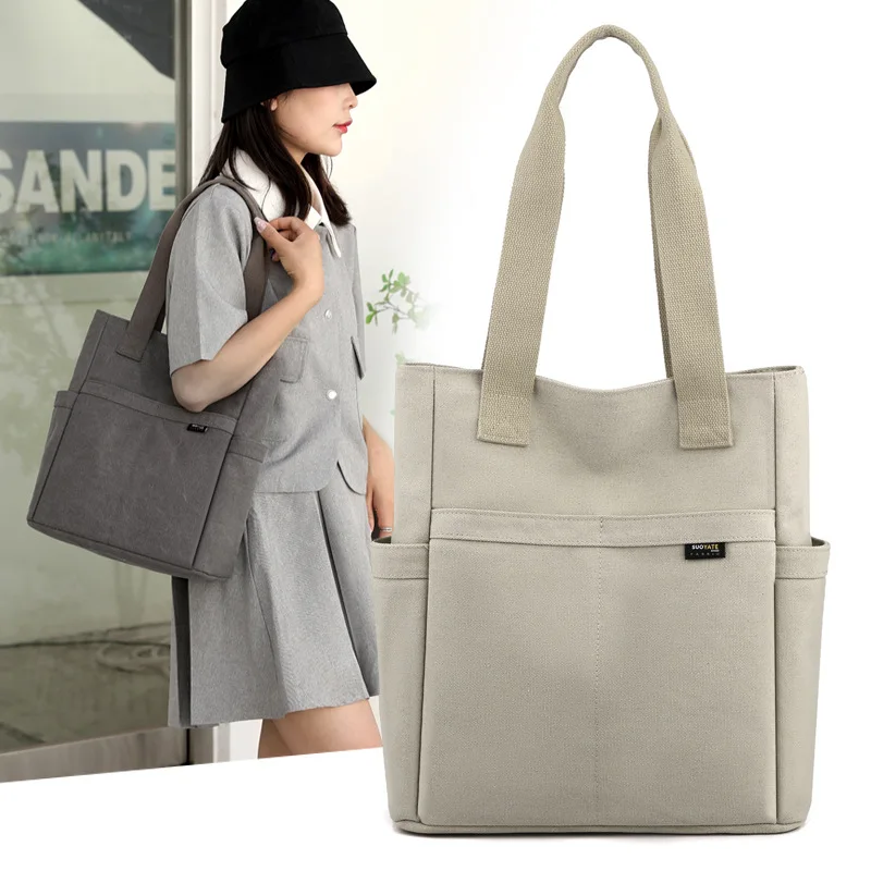 Fashion Women Canvas Tote Bag 2023 New Multi-Pocket Large Capacity Shoulder Shopping Bags Female Casual Handbags