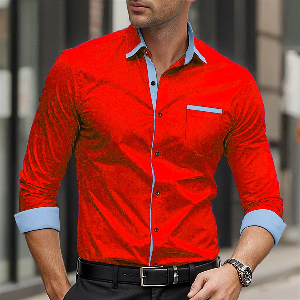 Men\'s Long Sleeved Printed Lapel Shirt, Business Casual Pocket, Comfortable Fabric Top, Plus Size, New, 9 Colors