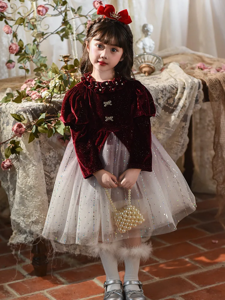 

2025Детское весенне-осеннее новое стильное модное пышное бархатное платье на день рождения, платье принцессы