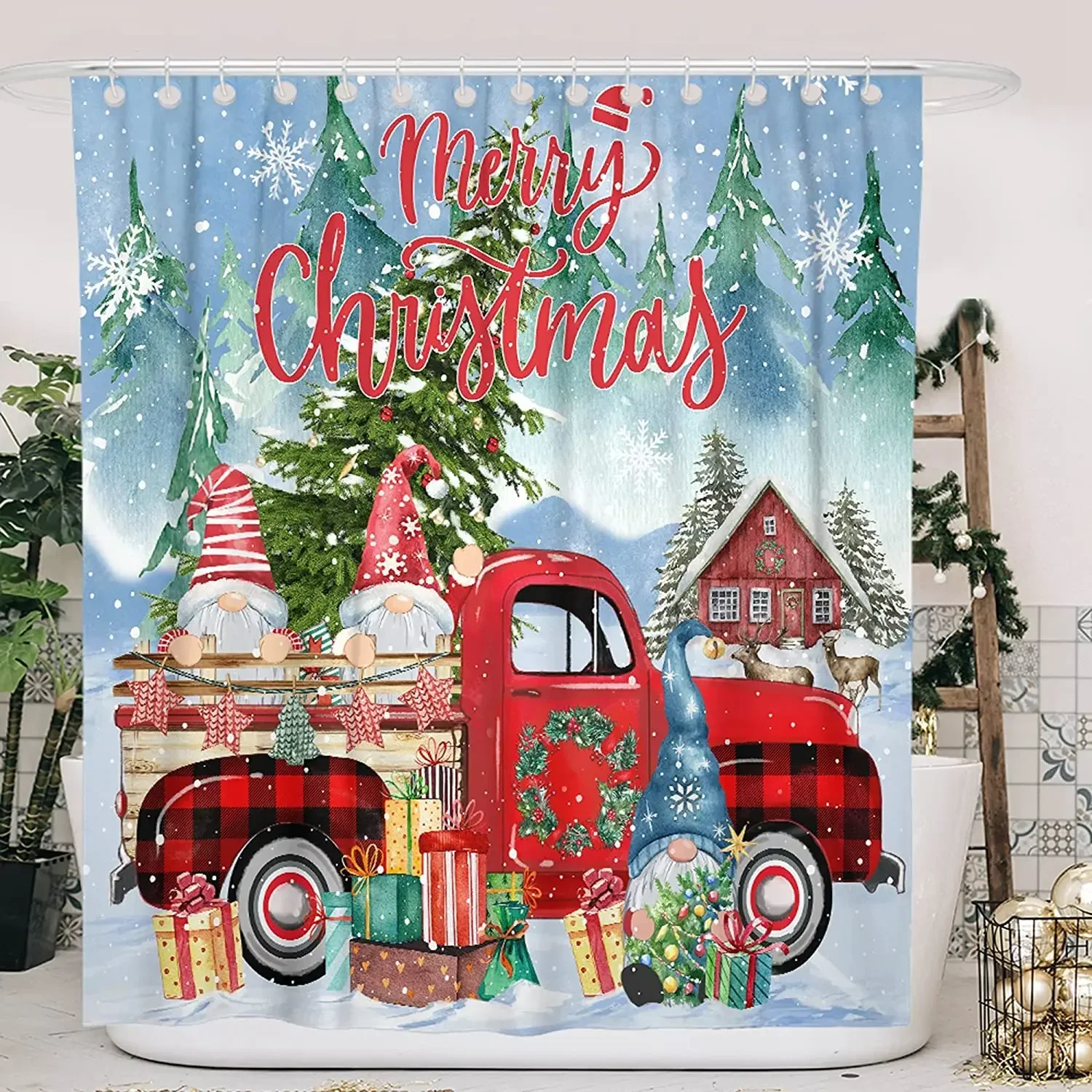 Colorful Christmas is Coming Red Trucks Lovely Gnomes Xmas Tree Bloom Shower Curtains For Blessing