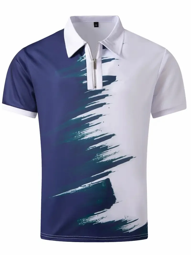 Summer Men's Polo Shirt Loose Golf Short Sleeve,Multicolour Zip Polo Shirt Colour Block Printed Tops Stylish Loose Plus Size