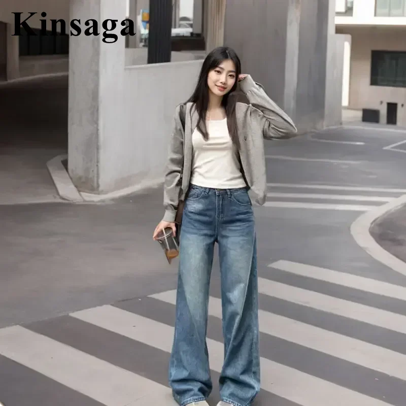 Kinsaga Vintage Blue Wide Leg Jeans Women Korean Fashion Pear Shape Loose Straight Drape Mopping Pants Petite Girl Trousers