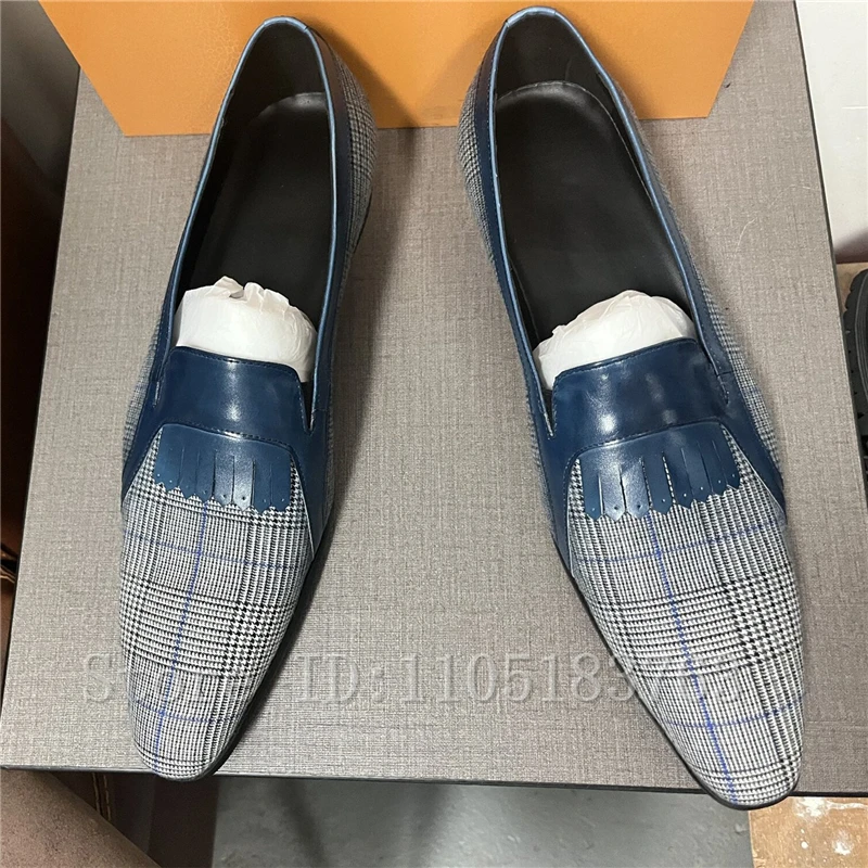 

Men Vintage Plaid Patchwork Fringe Tassel Loafer Dress Shoes, Genuine Leather Pointed Toe Slip On Gentleman Formal Footwear