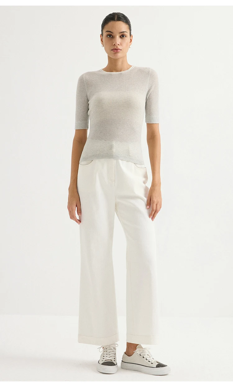 BY3621584 Damen-Pullover mit Rundhalsausschnitt aus Wollmischung, gerippt, kurze Ärmel, Kontrastkragen, Kettenverzierung, Schlüsselloch am Rücken, dezenter Luxus für den Herbst – Detail 7