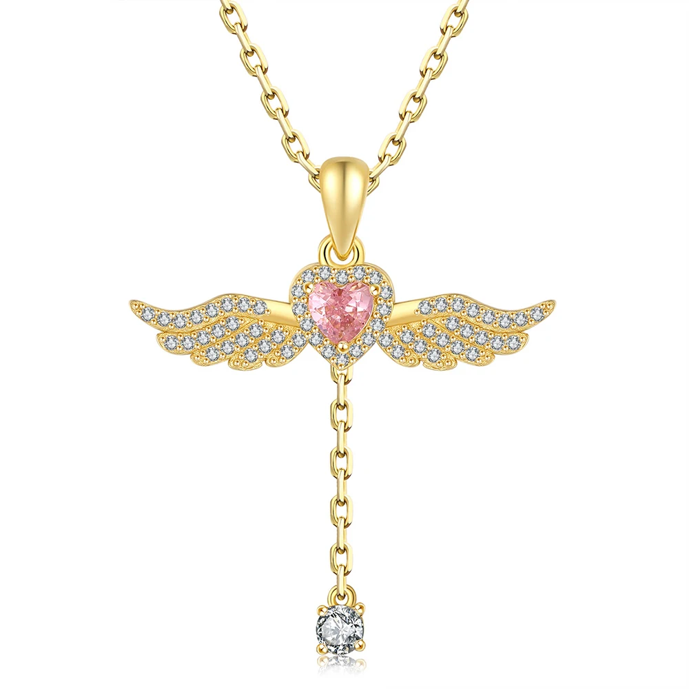 925 Sterling Silver Angel Wing Pendant With Heart Pink Zircon Necklaces Jewelry Valentines Mothers Day Gifts for Women Mom Girls