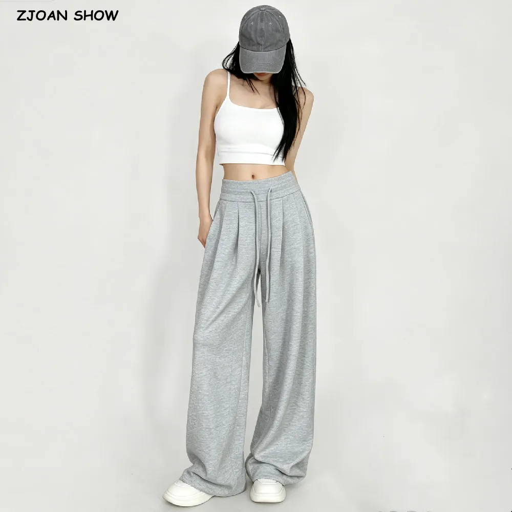 Autumn Women Drawstring Elastic High Waist Fold Front Wide Leg Pants Loose Big Straight Sweats Trousers Causal Bottom Gray White