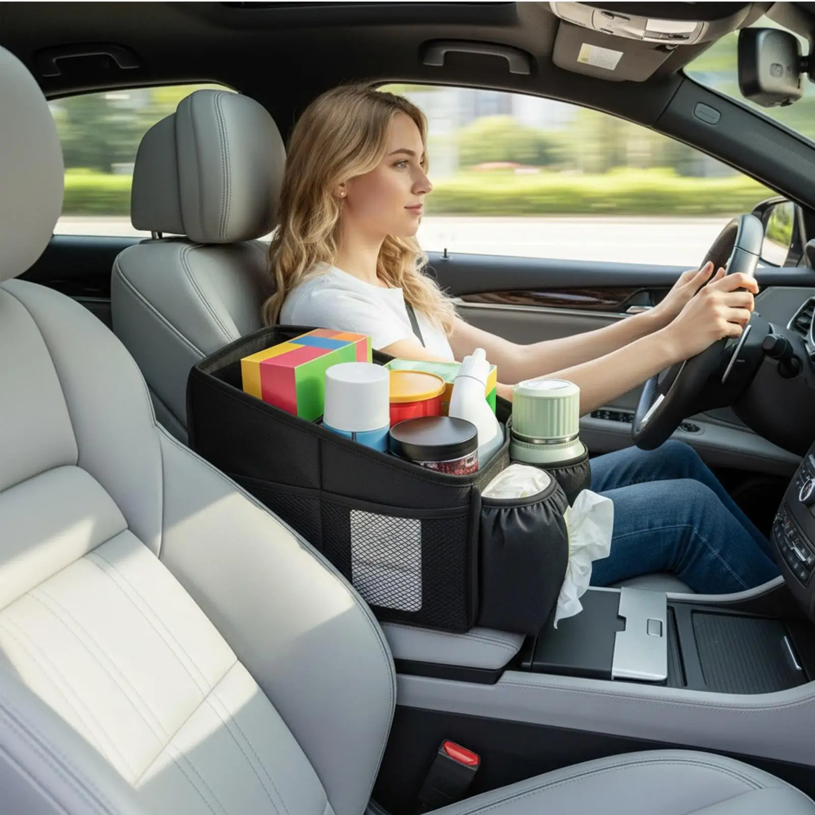 Car Seat Storage Organizer Foldable Multi-Compartment Storage Caddy With Handle Console Seat Organizer For Toys Tissues Snacks