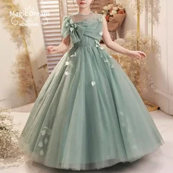 Customized O-neck Bow Design Sleeveless Birthday Dresses Ball Gown Tiered Mesh Robe 2024 Elegant Temperament Flower Girls Dress