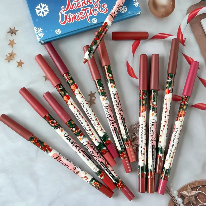 12-teiliges mattes Lipliner-Weihnachtsset, Lippenstiftstift, langlebig, antihaftbeschichtet, nackte Töne, Lippenstift, Weihnachtskosmetik, Schönheitsgeschenk