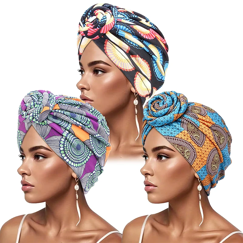 3PCS African Print Turban For Women Pre-Tied Knotted Headwrap Bohemian Floral Pattern Hijab Turban Hat Hair Scarf Head Cover