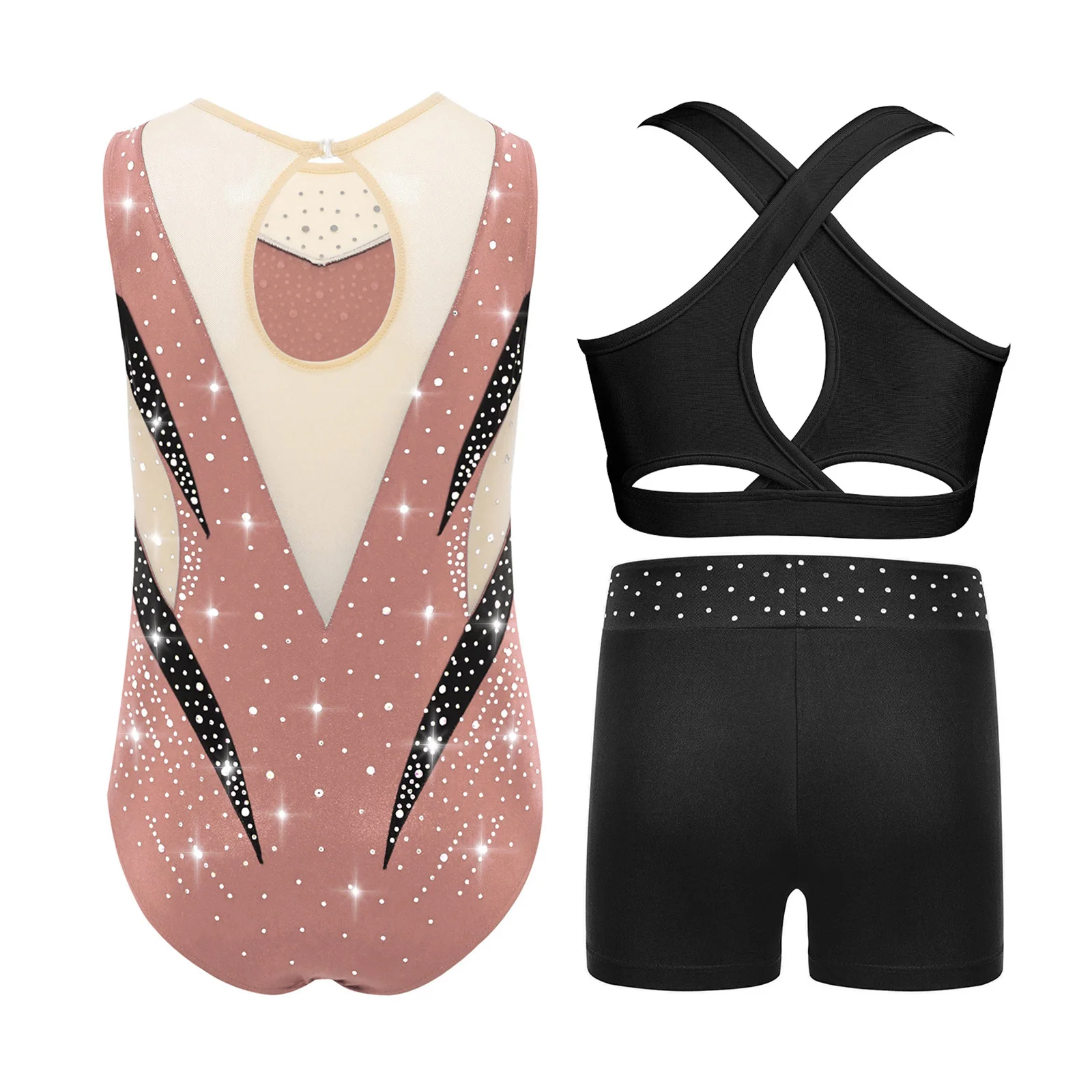 Kids Girls Gymnastics Figure Skating Dance Bodysuit Sleeveless Mesh Patchwork Shiny Rhinestones Metallic Leotard+Vest+Shorts