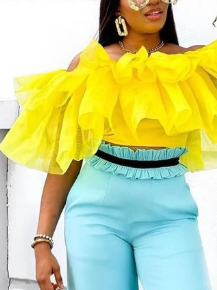 Women Blouses Off Shoulder Ruffles Pleated Yellow Summer Bright Shirt Tops Classy Elegant Lady Fashion Female African Bluas 2022